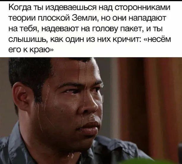 Когда ты издеваешься над сторонниками теории плоской Земли, но они нападают на тебя, надевают на голову пакет, и ты слышишь, как один из них кричит: «несём его к краю»