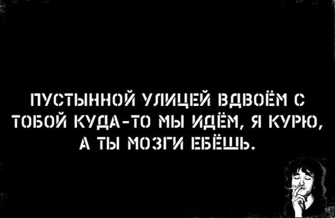 ПУСТЫННОЙ УЛИЦЕЙ ВДВОЁМ С ТОБОЙ КУДА-ТО МЫ ИДЁМ, Я КУРУ, А ТЫ МОЗГИ ЕБЁЩ.