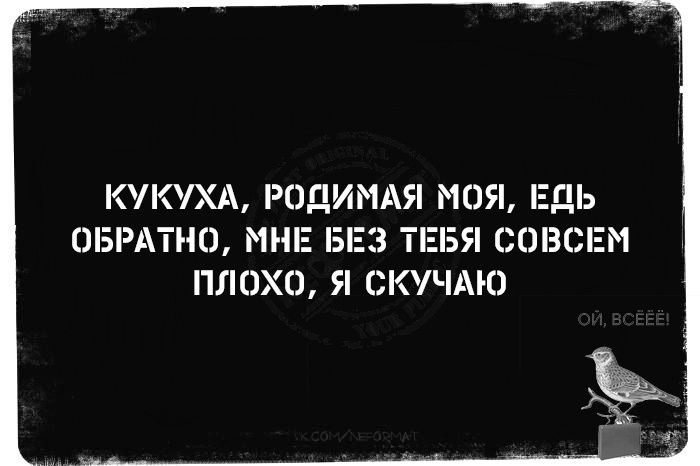 Кукуха, родимая моя, едь обратно, мне без тебя совсем плохо, я скучаю