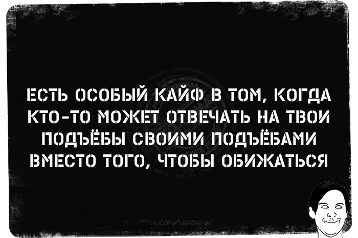 ЕСТЬ ОСОБЫЙ КАЙФ В ТОМ, КОГДА КТО-ТО МОЖЕТ ОТВЕЧАТЬ НА ТВОИ ПОДЪЁБЫ СВОИМИ ПОДЪЁБАМИ ВМЕСТО ТОГО, ЧТОБЫ ОБИЖАТЬСЯ
