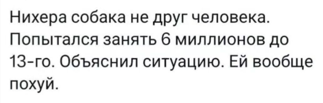 Нихера собака не друг человека. Попытался занять 6 миллионов до 13-го. Объяснил ситуацию. Ей вообще похуй.