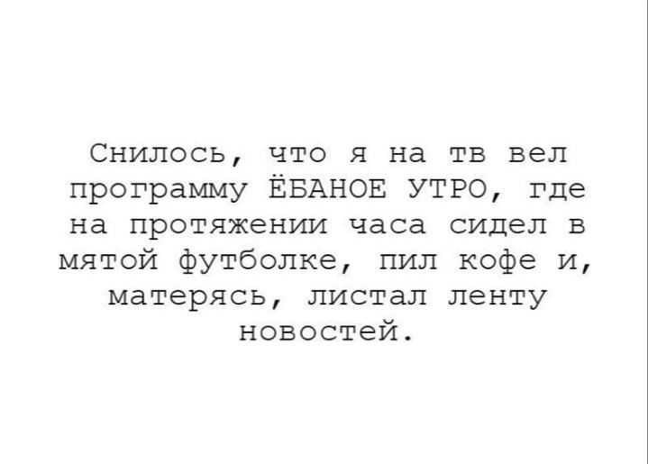 Снилось, что я на тв вел программу ЕБАНОЕ УТРО, где на протяжении часа сидел в мятой футболке, пил кофе и, матерясь, листал ленту новостей.