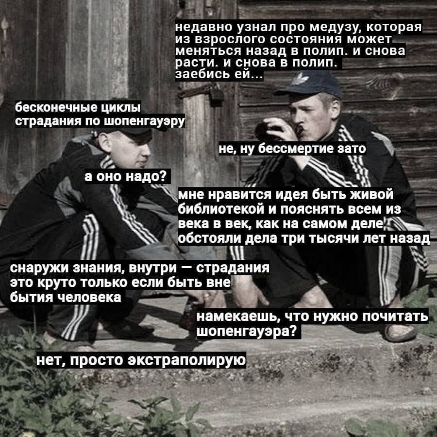 недавно узнал про медузу, которая из взрослого состояния может меняться назад в полип. и снова расти. и снова в полип. заебись ей...
бесконечные циклы страдания по шопенгауэру
а оно надо?
не, не бессмертие зато
мне нравится идея быть живой библиотекой и познавать всем из века в век, как на самом деле, обстояли дела три тысячи лет назад
снаружи знания, внутри — страдания
это круто только если быть вне бытия человека
намекаешь, что нужно почитать шопенгауэра?
нет, просто экстраполирую