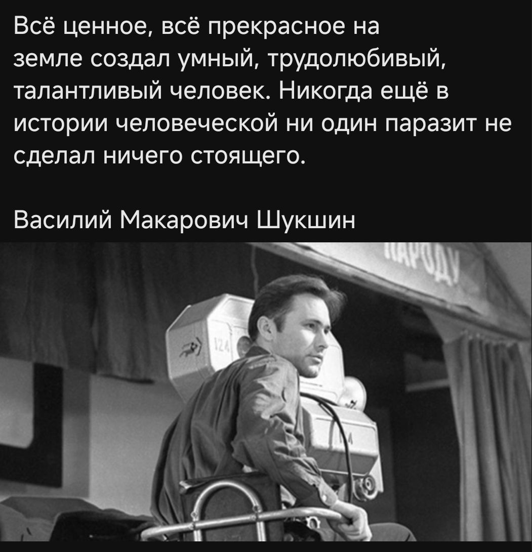 Всё ценное, всё прекрасное на земле создал умный, трудолюбивый, талантливый человек. Никогда ещё в истории человеческой ни один паразит не сделал ничего стоящего.
Василий Макарович Шукшин