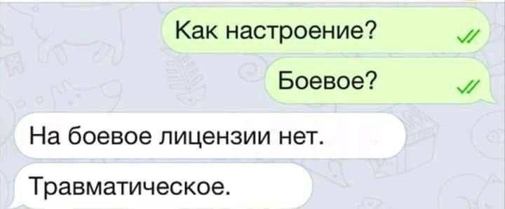 Как настроение? Боёвое? На боевое лицензии нет. Травматическое.