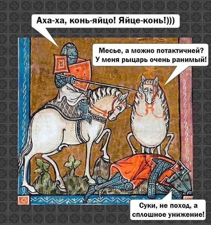 Аха-ха, конь-яйцо! Яйце-конь!))) Месье, а можно потактичней? У меня рыцарь очень ранимый! Суки, не поход, а сплошное унижение!