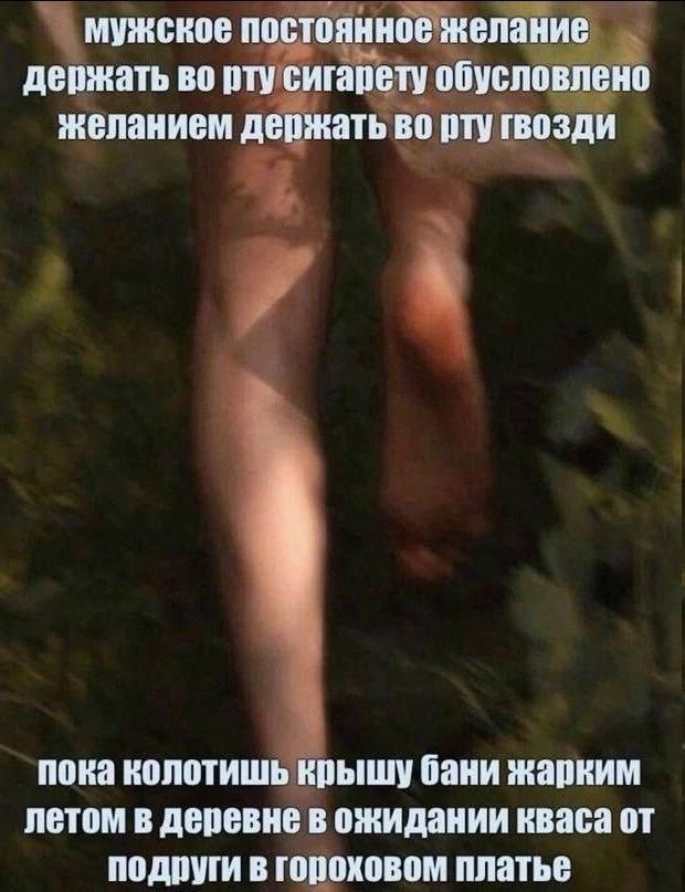 мужское постоянное желание держать во рту сигарету обусловлено желанием держать во рту гвозди
пока колотишь крышу бани жарким летом в деревне в ожидании кваса от подруги в гороховом платье