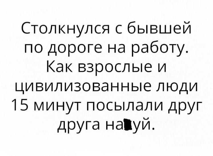 Столкнулся с бывшей по дороге на работу. Как взрослые и цивилизованные люди 15 минут посылали друг друга нахуй.