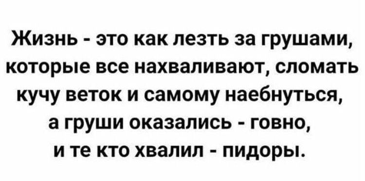 Жизнь - это как лезть за грушами, которые все нахваливают, сломать кучу веток и самому наебнуться, а груши оказались - говно, и те кто хвалил - пидоры.