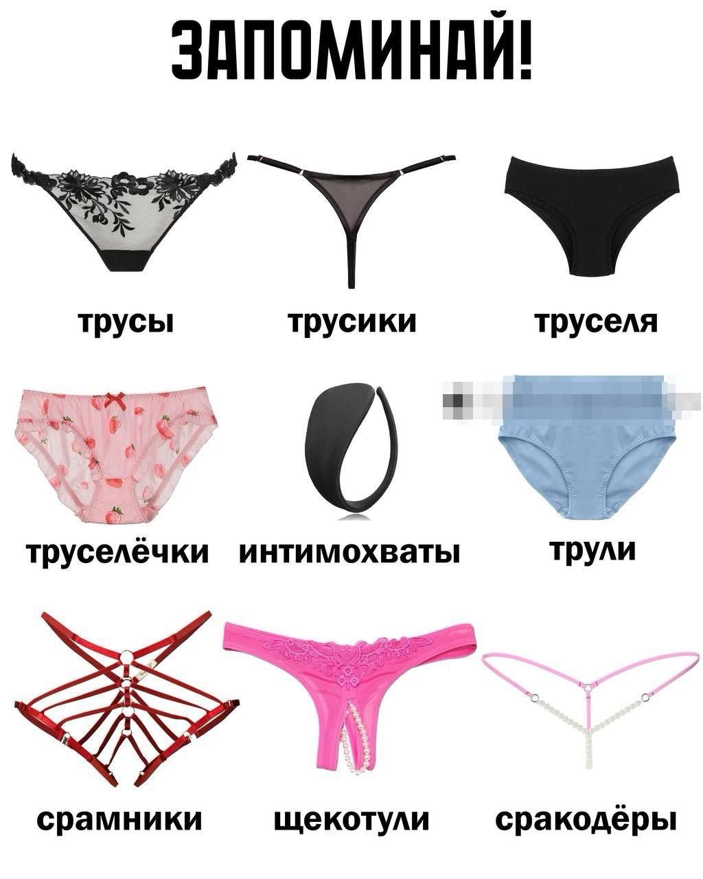 Запоминай!
трусы
трусики
труселя
трусельки
интимохваты
трули
срамники
щекотули
спакодёры