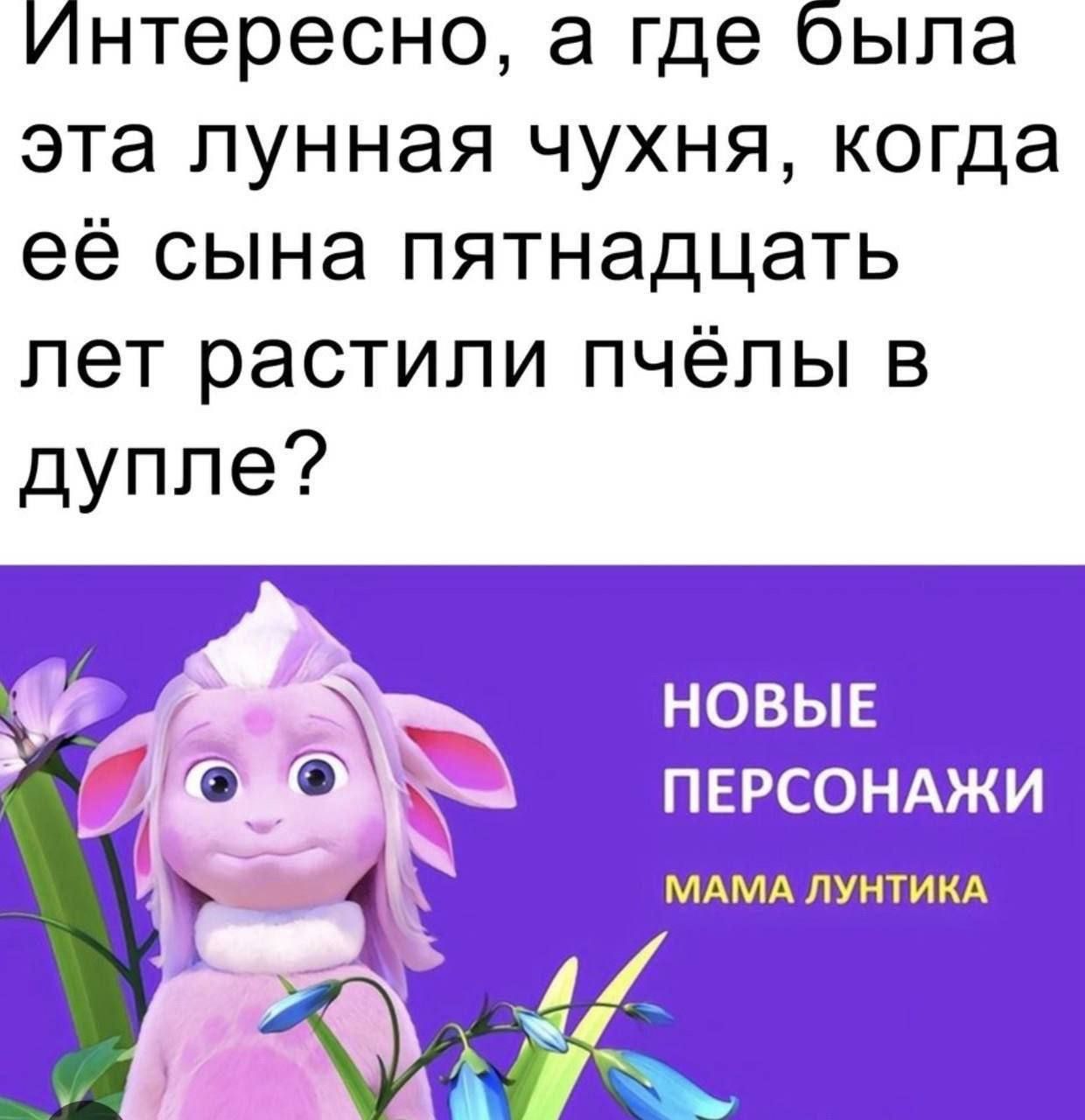 Интересно, а где была эта лунная чухня, когда её сына пятнадцать лет растили пчёлы в дупле?
НОВЫЕ ПЕРСОНАЖИ
МАМА ЛУНТИКА