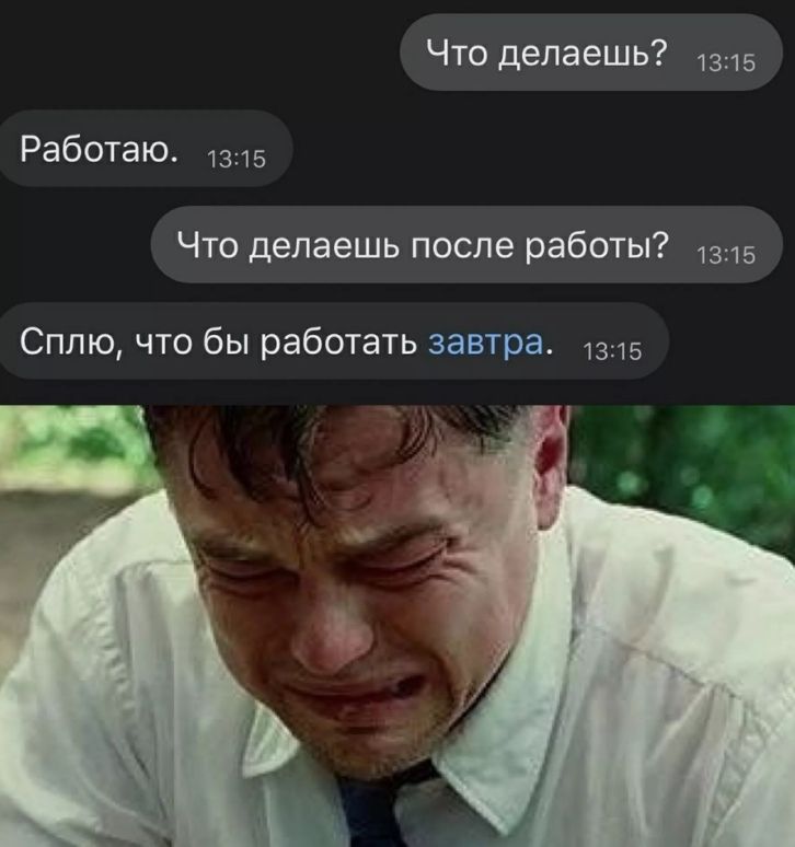Что делаешь? 13:15
Работаю. 13:15
Что делаешь после работы? 13:15
Сплю, что бы работать завтра. 13:15