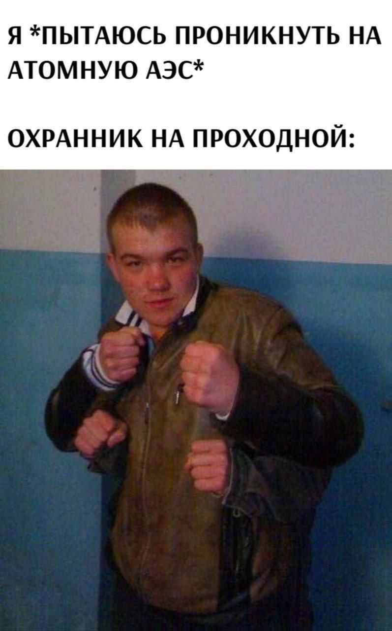 Я *пытаюсь проникнуть на атомную АЭС* ОХРАННИК НА ПРОХОДНОЙ: