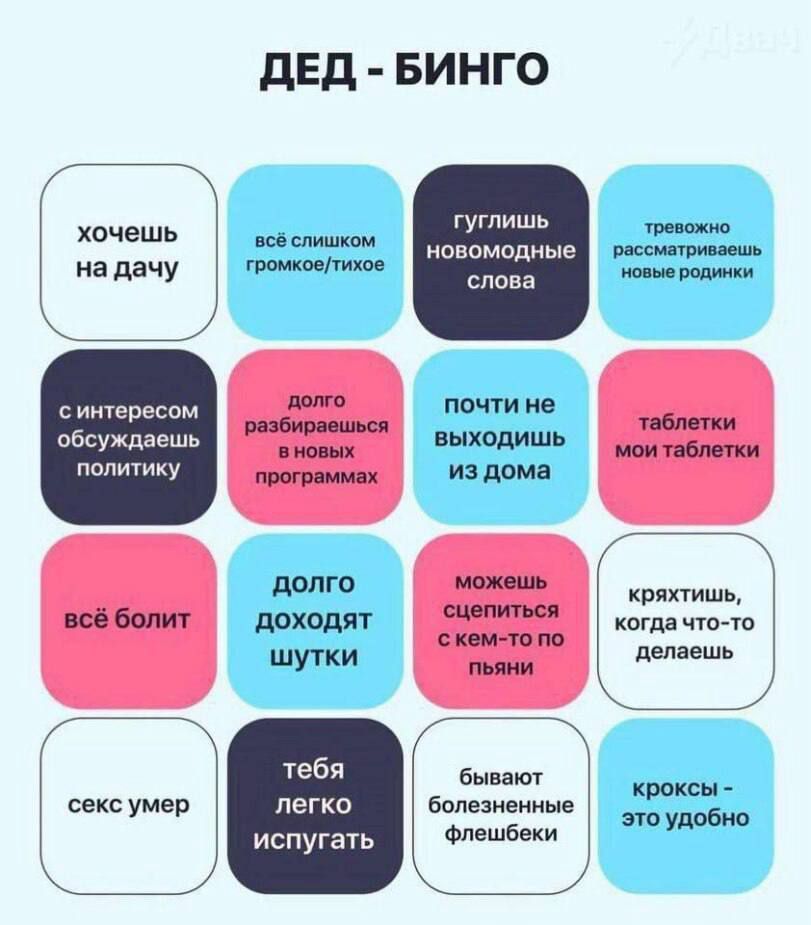 ДЕД - БИНГО

хочешь на дачу гуглишь новомодные слова
с интересом обсуждаешь политику долго разбираешься в новых программах
почти не выходишь из дома таблетки мои таблетки
всё болит долго доходят шутки
можешь сцепиться с кем-то по пьяни
крякаешь, когда что-то делаешь секс умер
тебя легко испугать бывают болезненные флешбеки
кроксы — это удобно