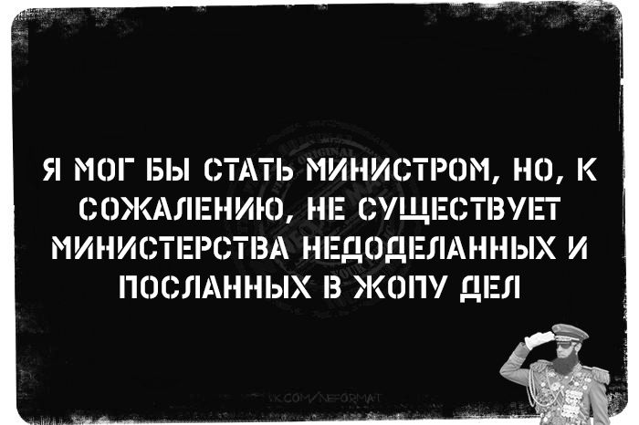 Я мог бы стать министром, но, к сожалению, не существует министерства недоделанных и посланных в жопу дел