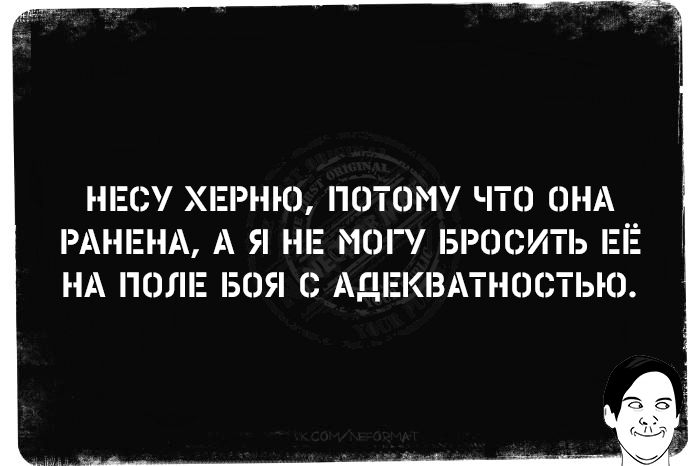 НЕСУ ХЕРНУ, ПОТОМУ ЧТО ОНА РАНЕНА, А Я НЕ МОГУ БРОСИТЬ ЕЁ НА ПОЛЕ БОЯ С АДЕКВАТНОСТЬЮ.