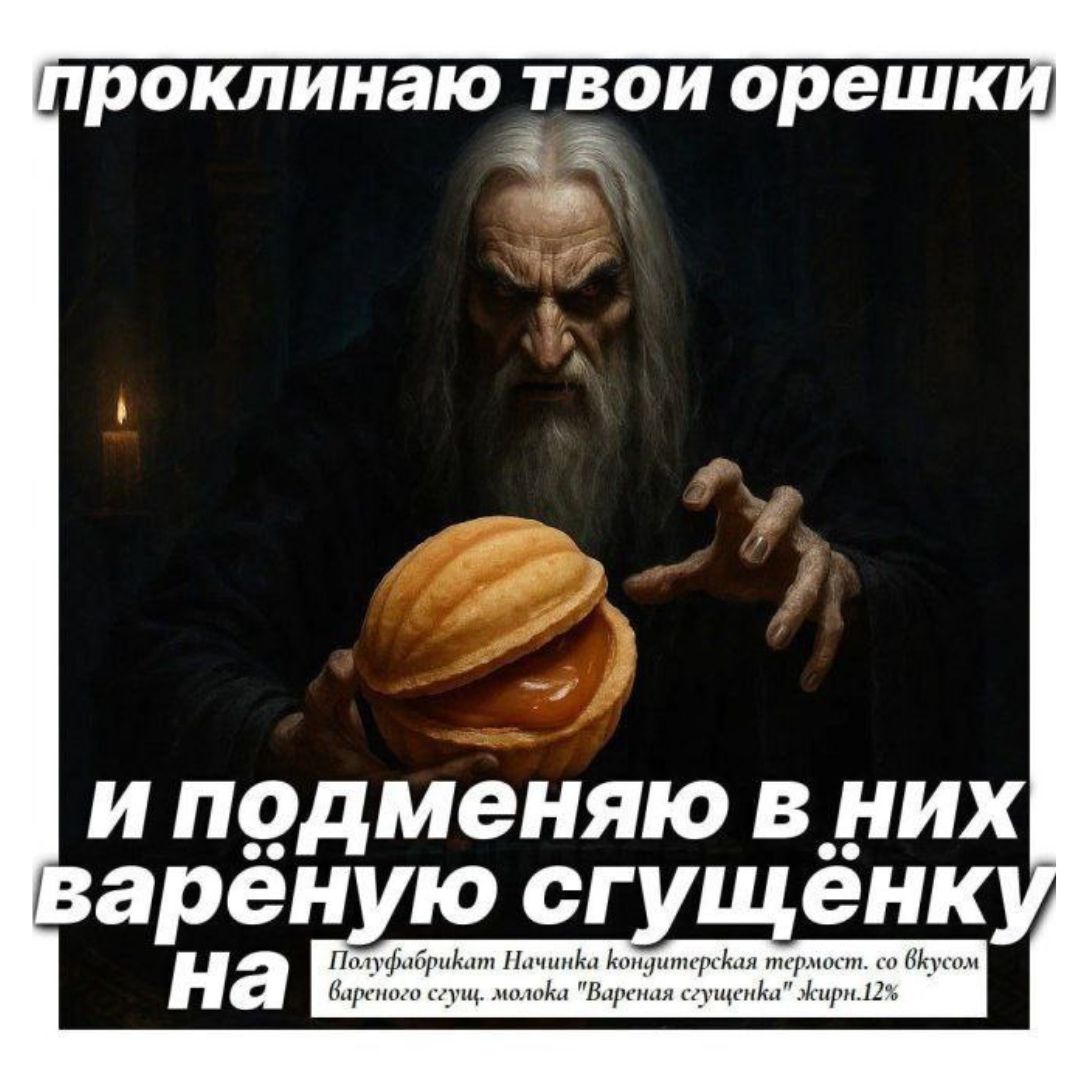 проклинаю твои орешки и подменяю в них вареную сгущёнку на