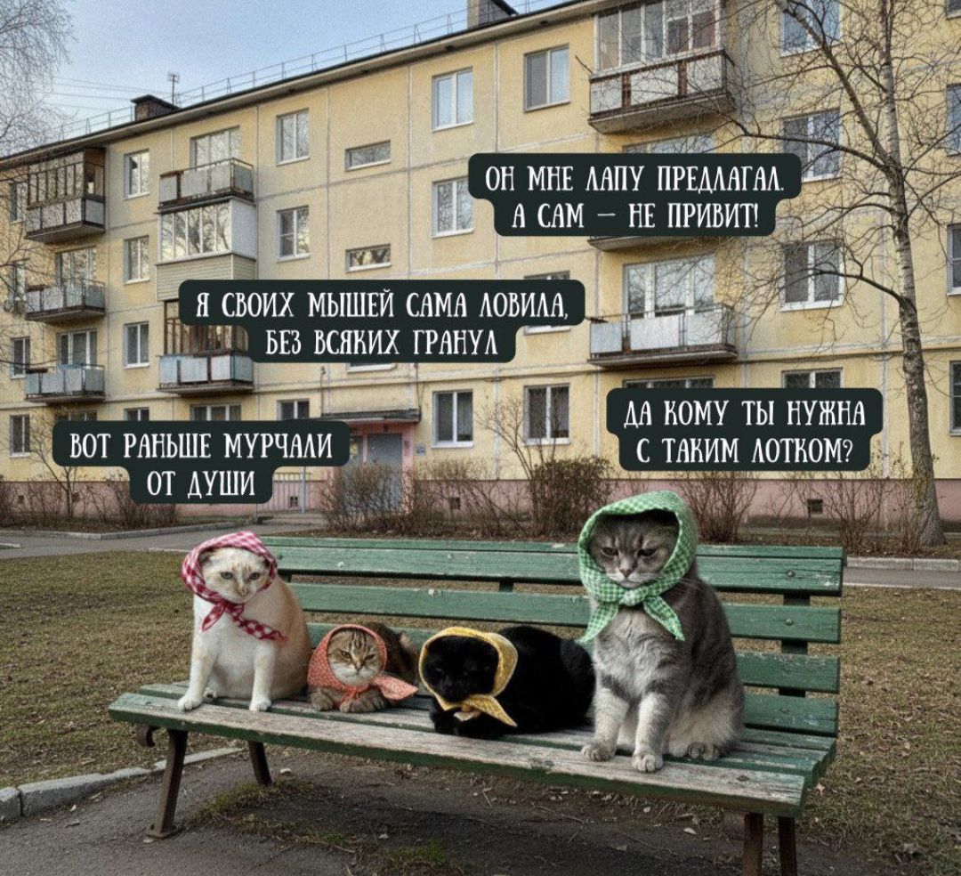 Он мне лапу предлагал, а сам – не привит.
Я своих мышей сама ловила, без всяких грандов.
Вот раньше мурчали от души.
Да кому ты нужна с таким дотком?