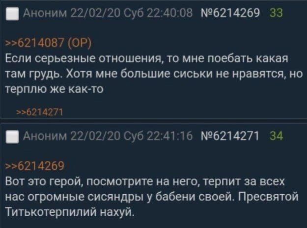 Если серьёзные отношения, то мне поебать какая там грудь. Хотя мне большие сиськи не нравятся, но терплю же как-то. Вот это герой, посмотрите на него, терпит за всех нас огромные сисандры у бабени своей. Пресвятой Титкотерапий нахуй.