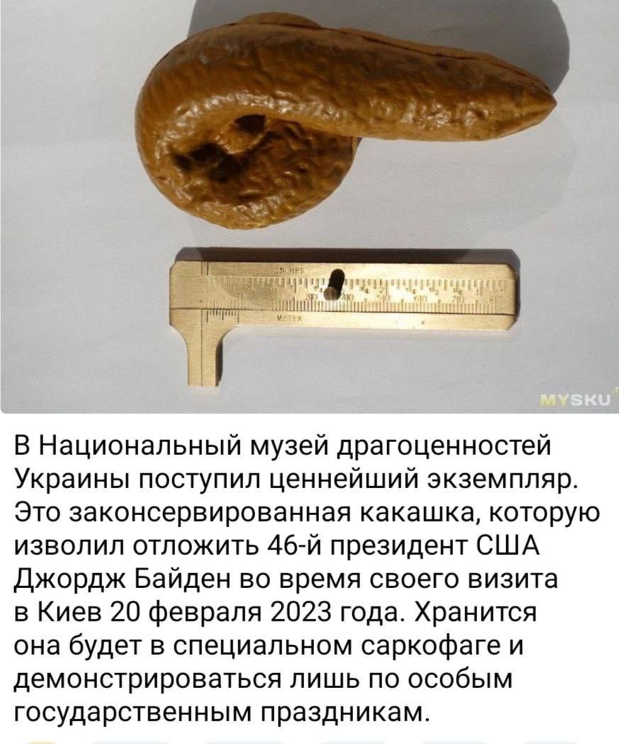 В Национальный музей драгоценностей Украины поступил ценнейший экземпляр. Это законсервированная какашка, которую вывез 46-й президент США Джордж Байден во время своего визита в Киев 20 февраля 2023 года. Храниться она будет в специальном саркофаге и демонстрироваться лишь по особым государственным праздникам.