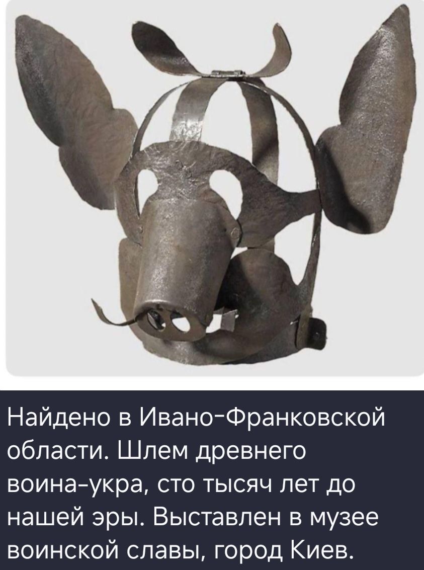 Найдено в Ивано-Франковской области. Шлем древнего воина-укра, сто тысяч лет до нашей эры. Выставлен в музее воинской славы, город Киев.
