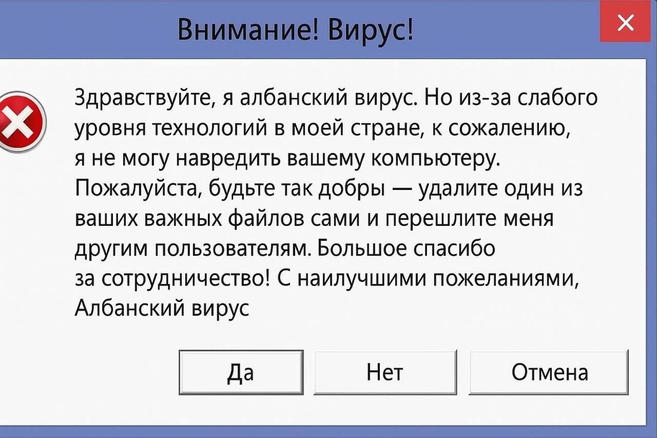Внимание! Вирус!\nЗдравствуйтеген, я албанский вирус. Но из-за слабого уровня технологий в моей стране, к сожалению, я не могу повредить вашему компьютеру.\nПожалуйста, будьте так добры — удалите один из ваших важных файлов сами и перепишите меня другим пользователям. Большое спасибо за сотрудничество! С наилучшими пожеланиями, Албанский вирус