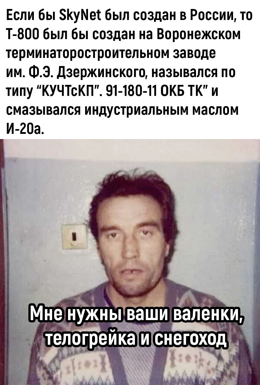 Если бы SkyNet был создан в России, то Т-800 был бы создан на Воронежском термоматростроительном заводе им. Ф.Э. Дзержинского, назывался по типу “КУЧтСП”. 91-180-11 ОКБ ТК и смазывался индустриальным маслом И-20а. Мне нужны ваши валенки, телогрейка и снегход