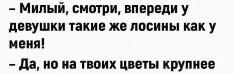 - Милый, смотри, впереди у девушки такие же лосины как у меня!\n- Да, но на твоих цветы крупнее