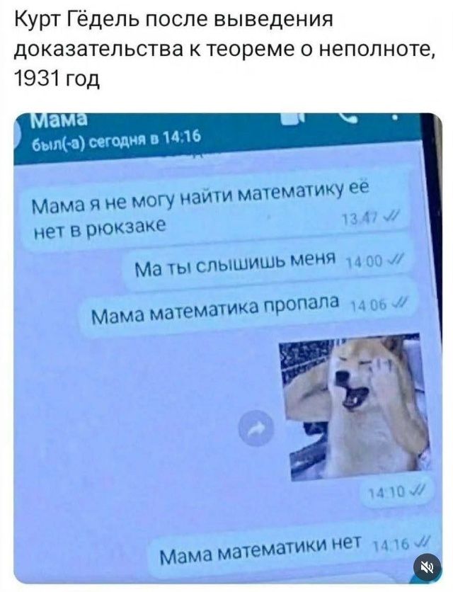 Курт Гедель после выведения доказательства к теореме о неполноте, 1931 год
Мама я не могу найти математику её нет в рюкзаке
Ма ты слышишь меня
Мама математика пропала
Мама математики нет
