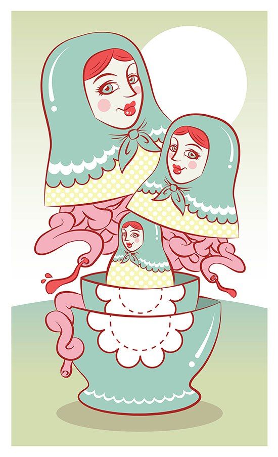 Иллюстративная пастельная картина с матрёшками, разрезающимися на части и тянущимися лентами внутри чаши.