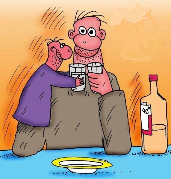 двое мужчин пьют за столом, поднимая бокалы; бутылка с этикеткой 40.