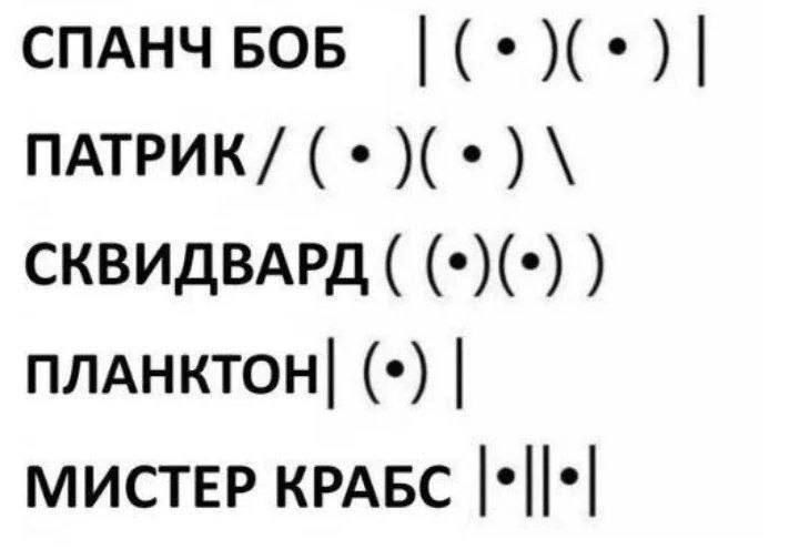 СПАНЧ БОБ | (•)(•) | ПАТРИК / (•)(•) \ СКВИДВАРД ((•)(•)) ПЛАНКТОН |(•)| МИСТЕР КРАБС ||