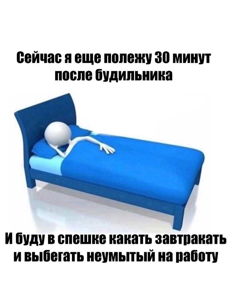 Сейчас я еще полежу 30 минут после будильника и буду в спешке каκать завтракаать и выбегать неумытый на работу