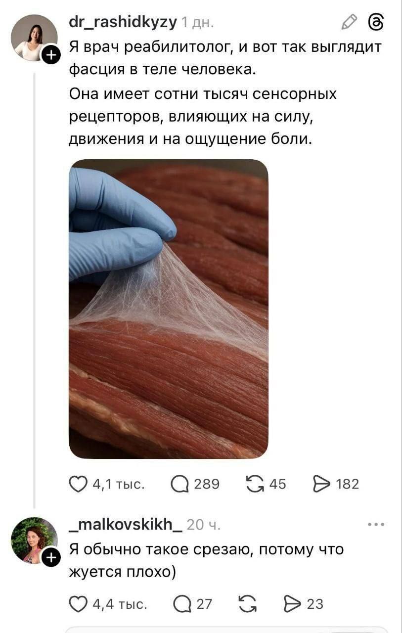 Я врач реабилитолог, и вот так выглядит фасция в теле человека. Она имеет сотни тысяч сенсорных рецепторов, влияющих на силу, движения и на ощущение боли. Я обычно такое срезаю, потому что жуется плохо)