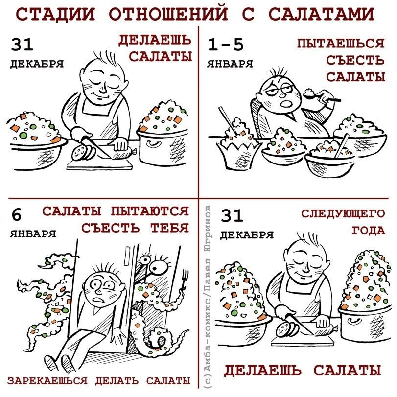 СТАДИИ ОТНОШЕНИЙ С САЛАТАМИ
31 ДЕКАБРЯ ДЕЛАЕШЬ САЛАТЫ
1–5 ЯНВАРЯ ПОПЫВАЕШЬСЯ СЪЕСТЬ САЛАТЫ
6 ЯНВАРЯ САЛАТЫ ПЫТАЮТСЯ СЪЕСТЬ ТЕБЯ
ЗАРЕКАЕШЬСЯ ДЕЛАТЬ САЛАТЫ
31 ДЕКАБРЯ ДЕЛАЕШЬ САЛАТЫ