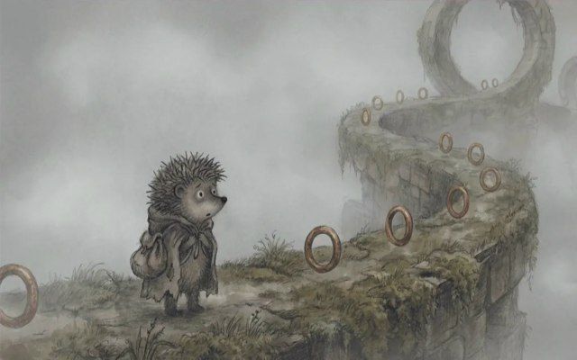 Художественная иллюстрация ёжика в плаще на туманной дорожке с кольцами вдоль стены