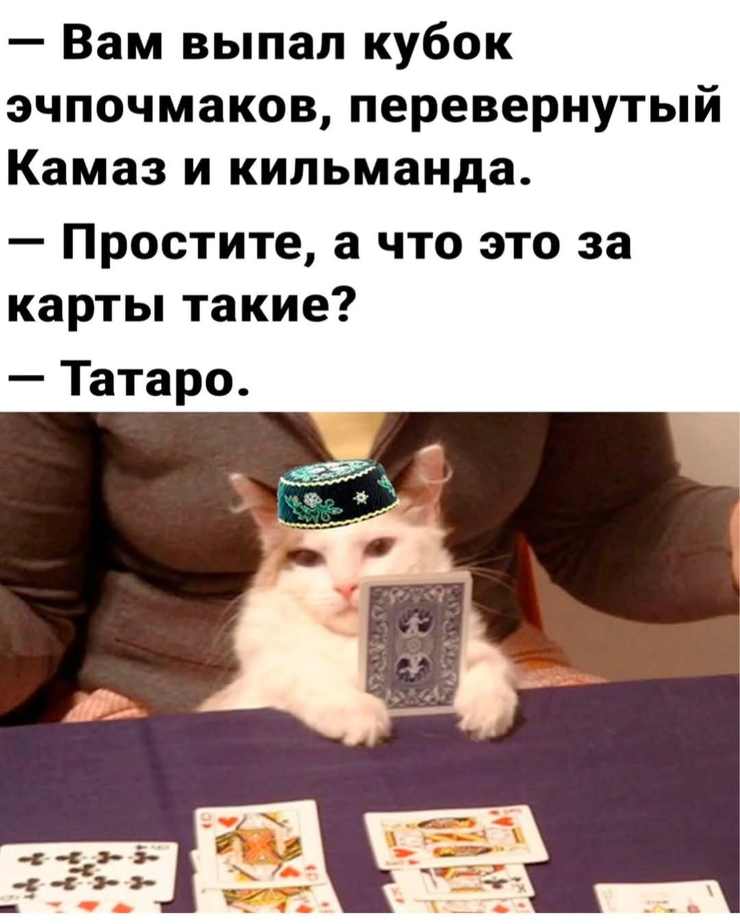 — Вам выпал кубок эхочомаков, перевернутый Камаз и килманда. 
— Простите, а что это за карты такие? 
— Татаро.