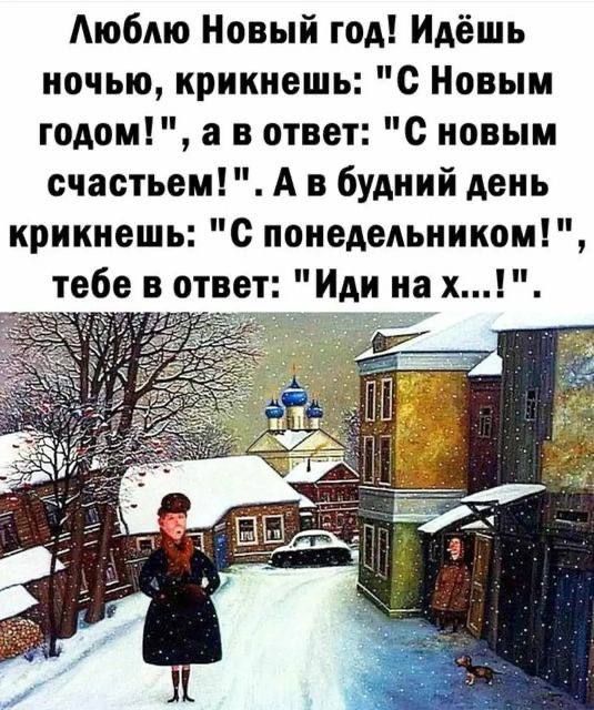 Люблю Новый год Идёшь ночью крикнешь С Новым годом а в ответ С новым счастьем А в будний день крикнешь С понедельником тебе в ответ Иди на х