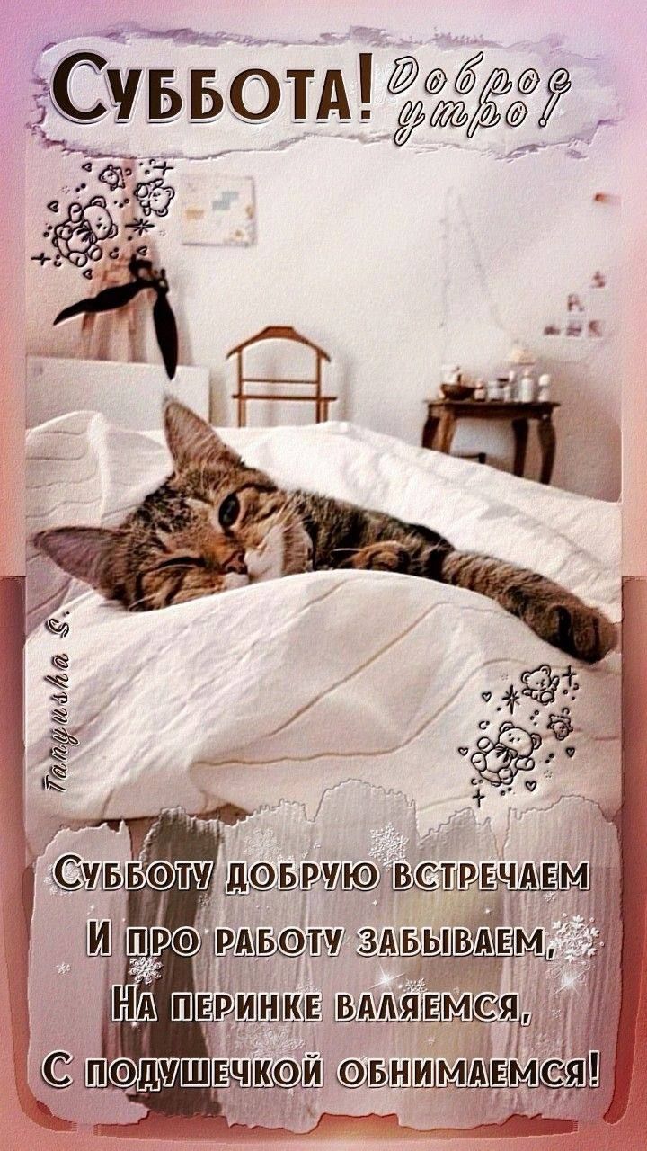 Суббота! Доброе утро! Субботу добрую встречаем И про работу забываем, На перинке валяемся, С подушечкой обнимаемся!
