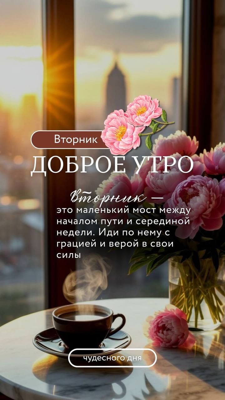Вторник
ДОБРОЕ УТРО
Вторник — это маленький мост между началом пути и средней недели. Иди по нему с грацией и верой в свои силы
чудесного дня