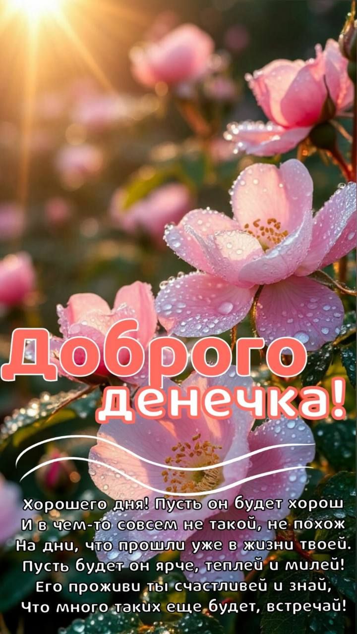 Доброего денечка! Хорошего дня! Пусть он будет хорош и в чем-то совсем не такой, не похож на дни, что прошли уже в жизни твоей. Пусть будет он ярче, теплей и милей! Его прожив ты счастливей и знай, что много таких еще будет, встречай!