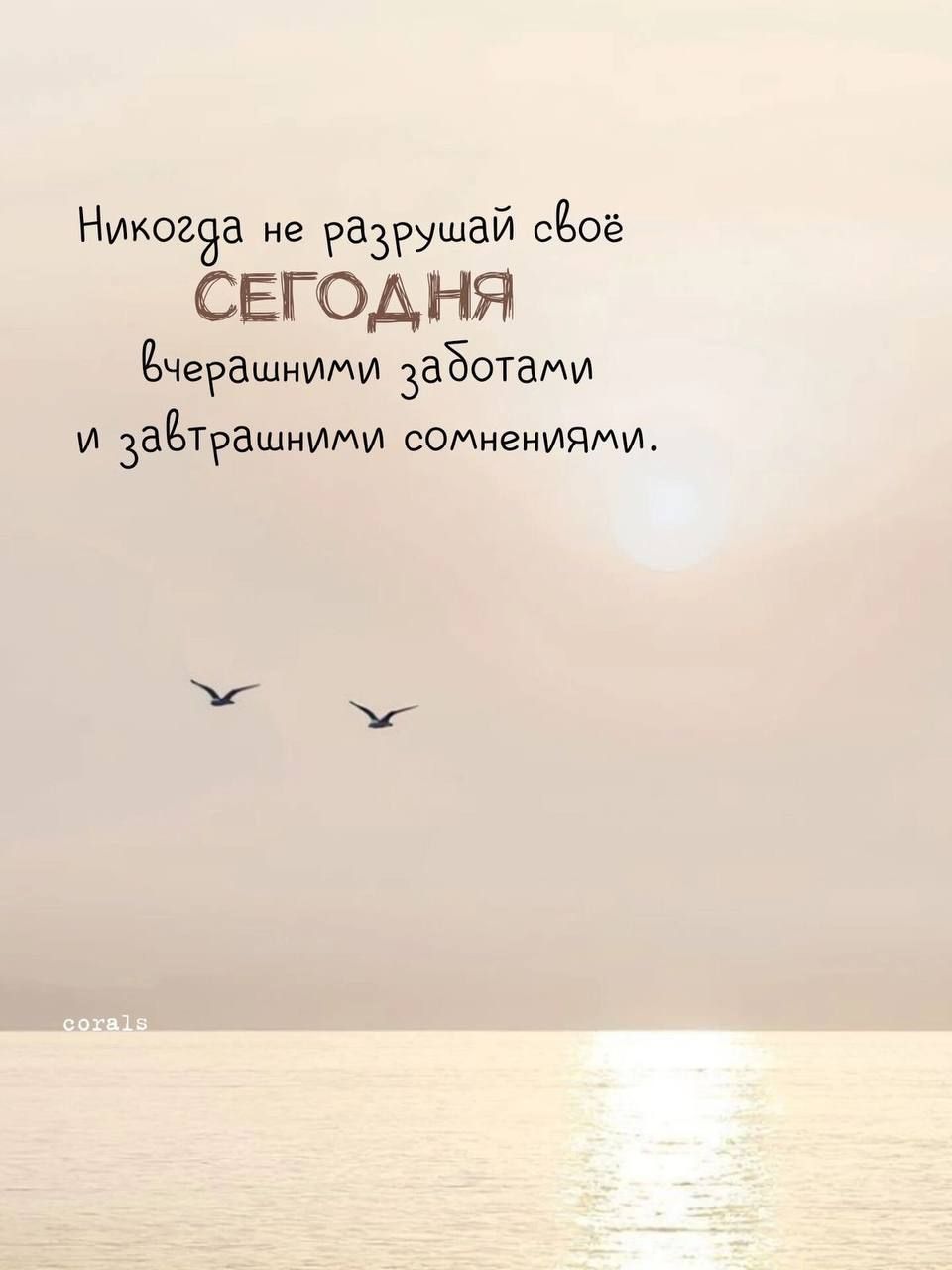 Никогда не разрушай своё СЕГОДНЯ вчерашними заботами и завтрашними сомнениями.