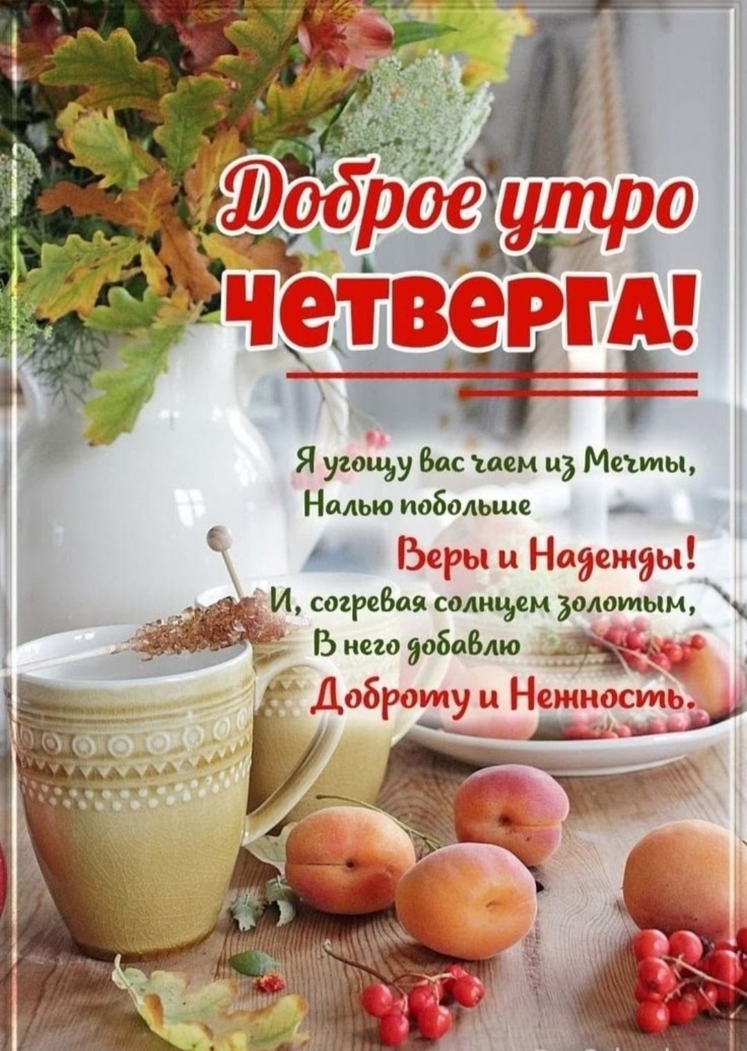 Доброе утро ЧЕТВЕРГА! Я ухожу вас чаём из Мечты, Налью побольше Веры и Надежды! И, согревая солнцем золотым, В него добавлю Добротy и Неносность.