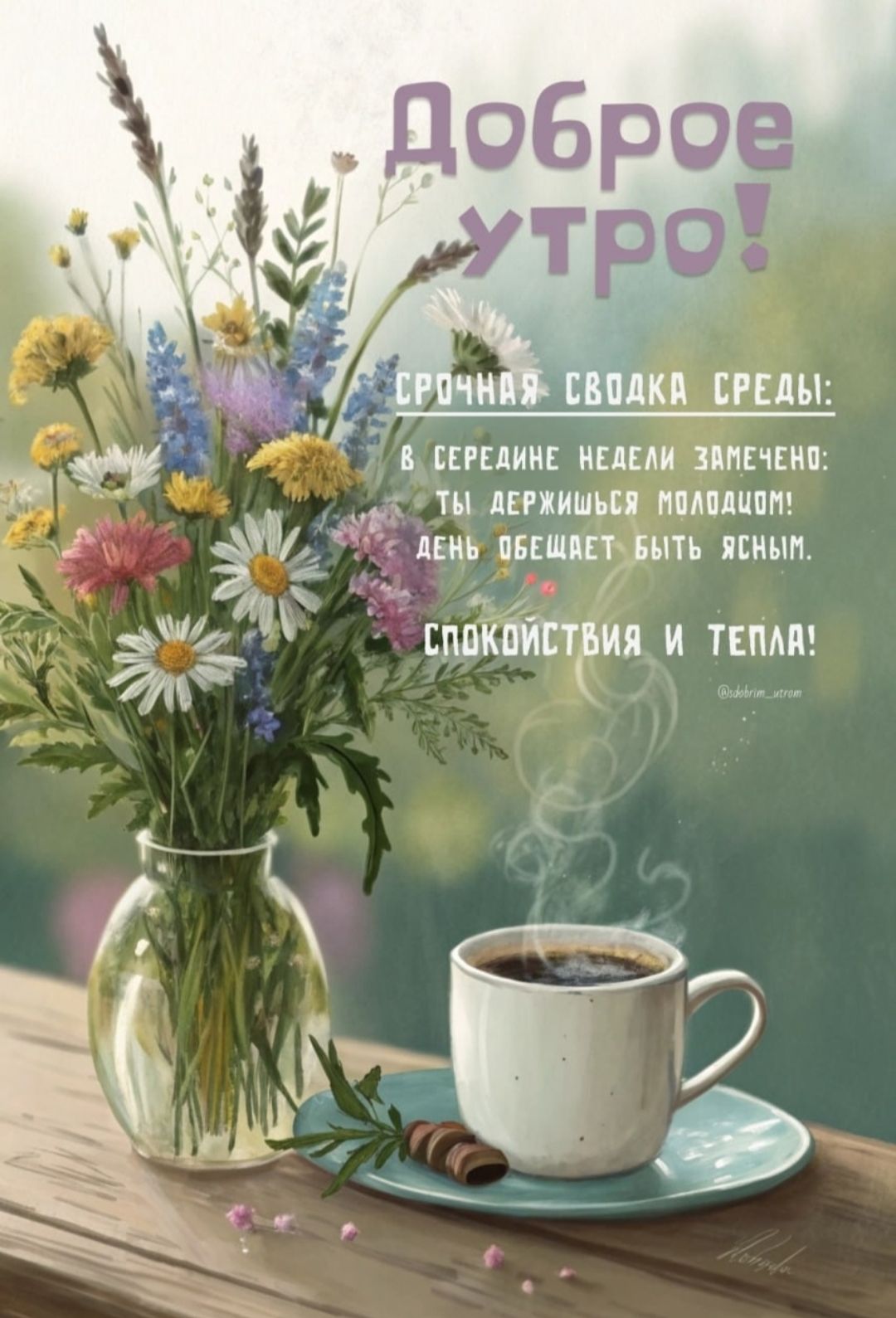 Доброе утро!
СРОЧНАЯ СВОДКА СРЕДЫ:
В СМИРЕНИИ НЕДЕЛИ ЗАМЕЧЕНО:
ТЫ ДЕРЖИШЬСЯ МОЛОДЦОМ!
ДЕНЬ ОБЕЩАЕТ БЫТЬ ЯСНЫМ.
СПОКОЙСТВИЯ И ТЕПЛА!