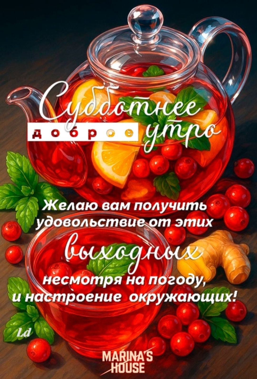 Субботнее доброе утро
Желаю вам получить удовольствие от этих выходных, несмотря на погоду, и настроение окружающих!