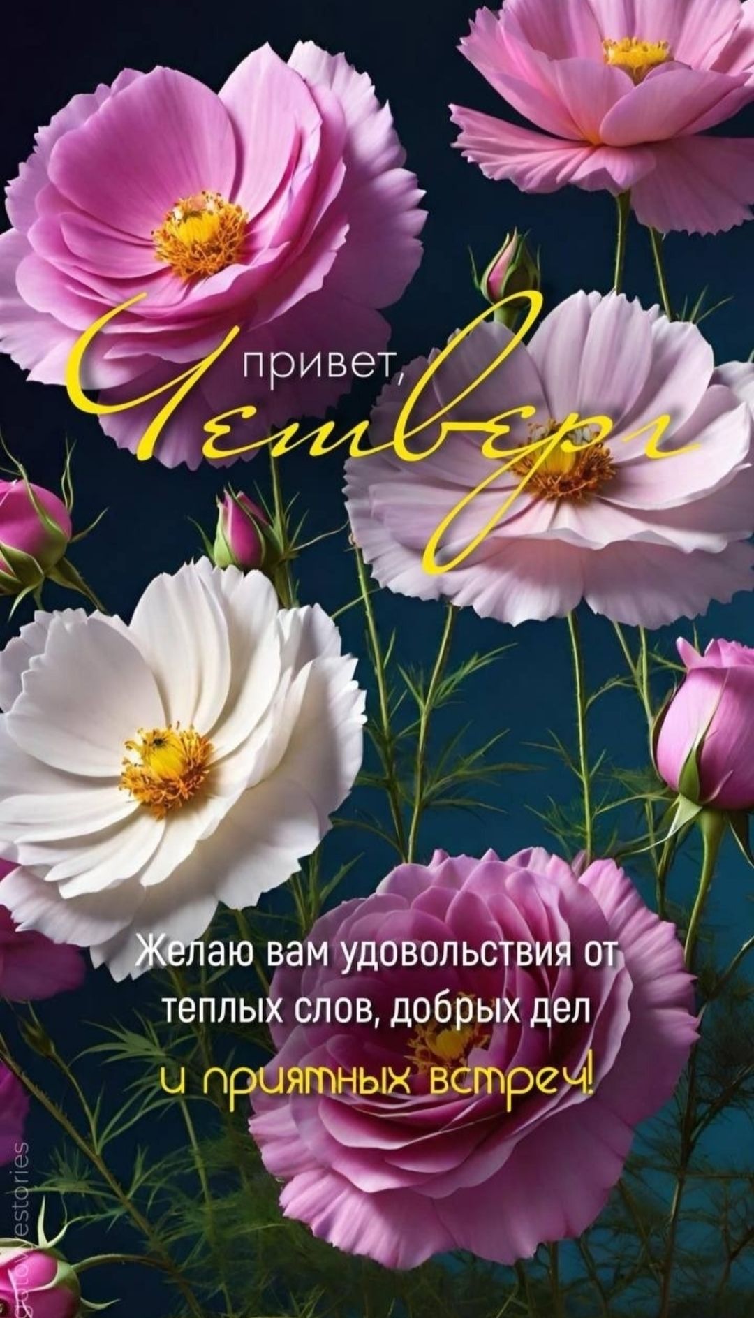 привет, Червей
Желаю вам удовольствия от теплых слов, добрых дел и приятных встреч!