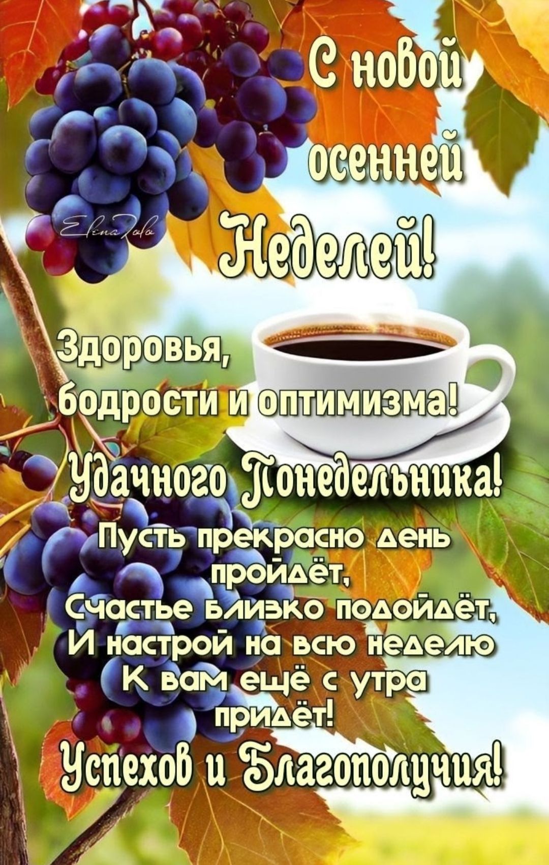 С новой осенней Неделей! Здоровья, бодрости и оптимизма! Удачного Понедельника! Пусть прекрасно день пройдёт, Счастье близко подойдёт, И настрой на всю неделю К вам ещё с утра придёт! Успехов и Благополнucia!