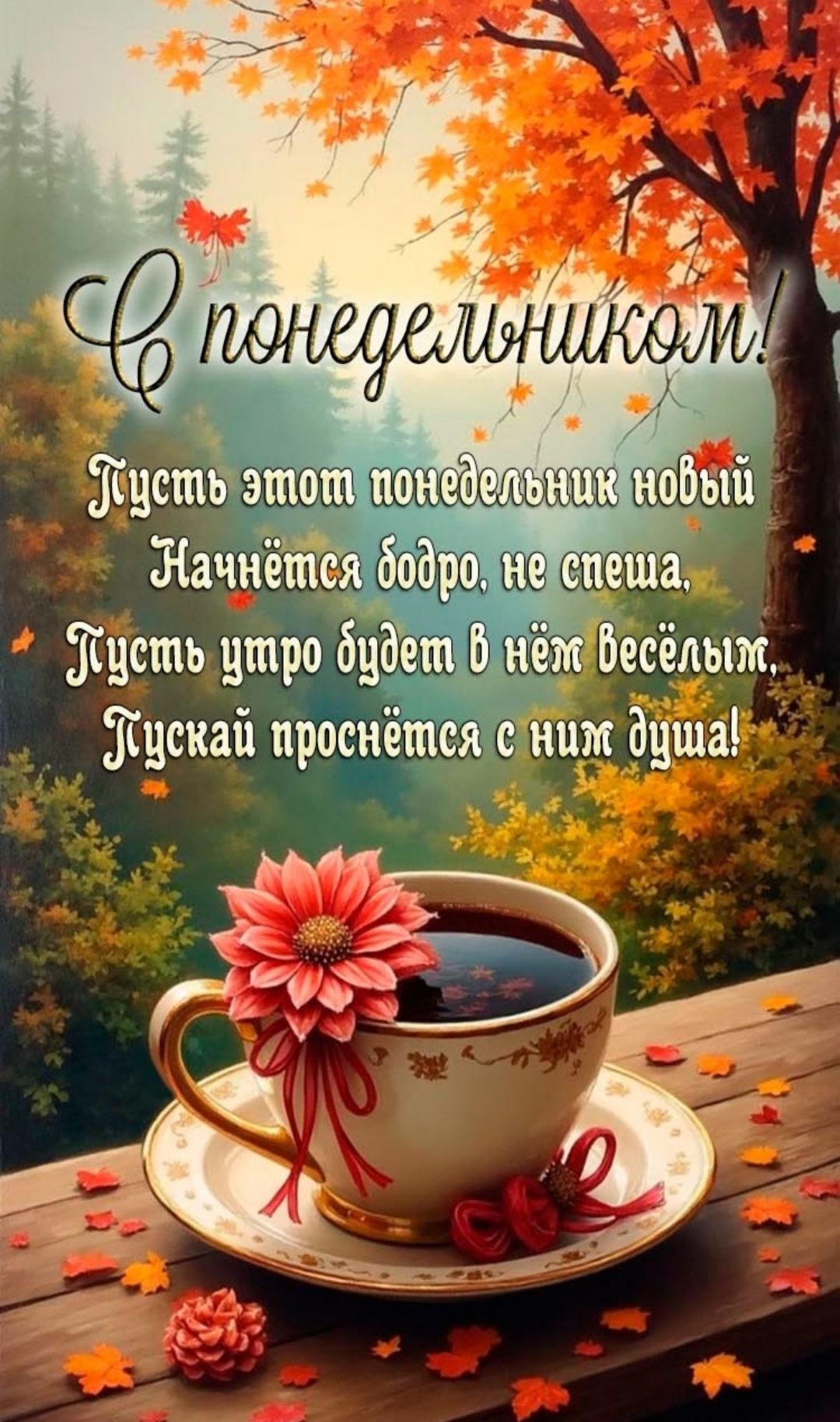 С понедельником!
Пусть этот понедельник новый
Начнётся бодро, не спеша.
Пусть утро будет в нём весёлым.
Пустькай проснётся с ним душа!