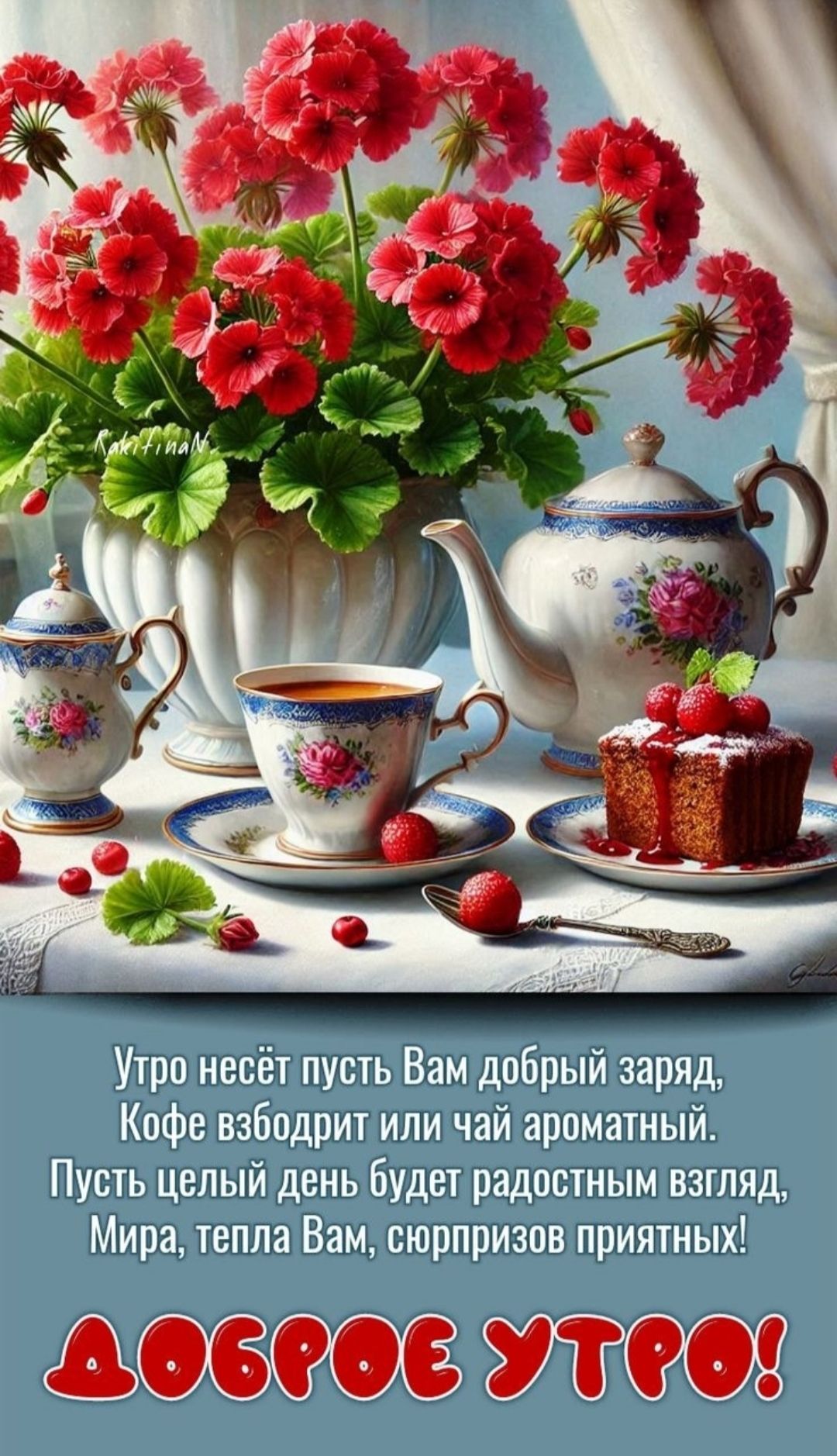 Утро несёт пусть Вам добрый заряд, Кофе взбодрит или чай ароматный. Пусть целый день будет радостным взгляд, Мира, тепла Вам, сюрпризов приятных! ДОБРОЕ УТРО!