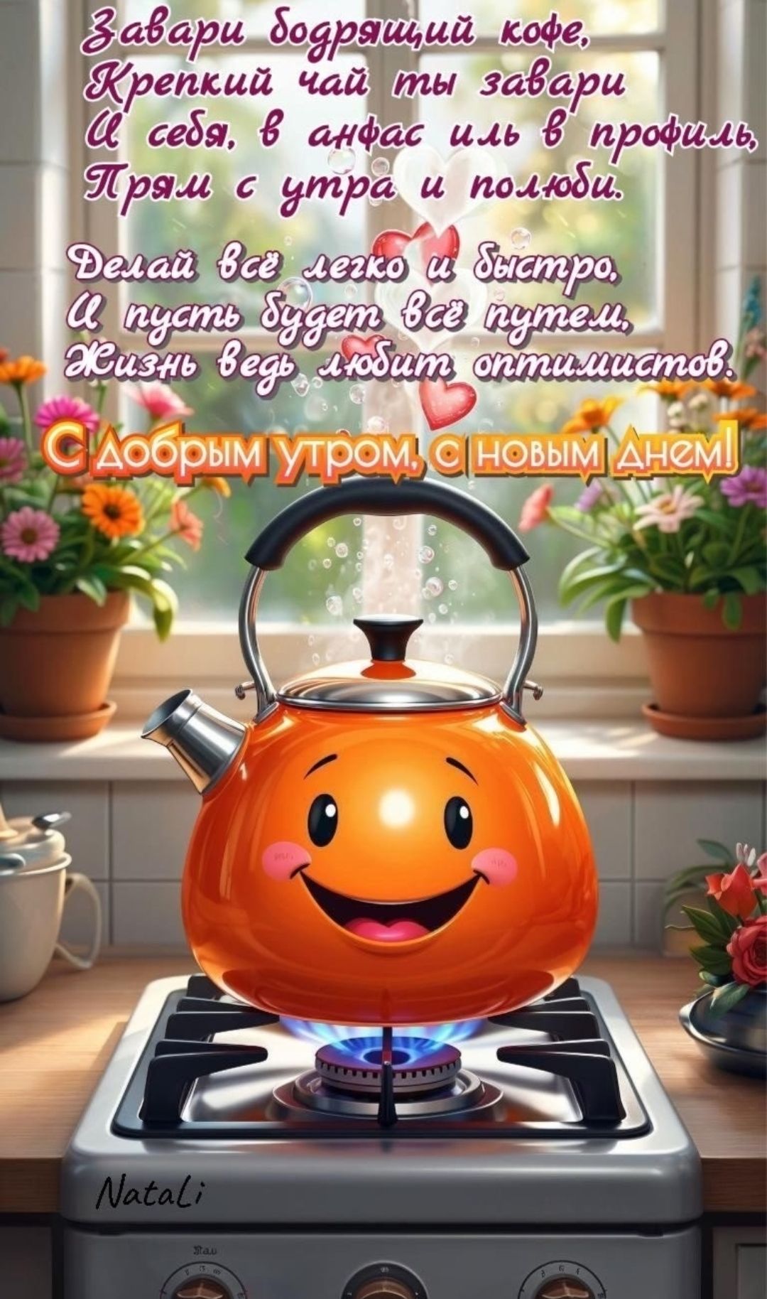 Завари бодрящий кофе, Крепкий чай ты завари И седьм, В анфас или в профиль Прям с утра и полдю. Делай всё легко и быстро, И пусть будет всё путём, Жизнь ведь любит оптимистов. С Добрым утром, с новым днём!